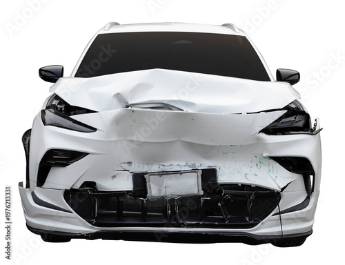 Front damaged car isolated PNG severe collision crash accident vehicle insurance claim concept