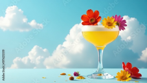A glass filled with a bright yellow liquid and surrounded by fresh flowers