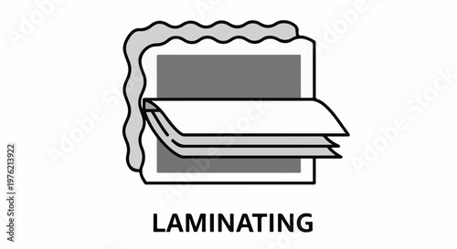 Stylized icon depicting a document being encased in a protective plastic layer