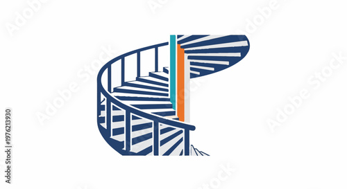 Stylized illustration of a blue spiral staircase with colored accents