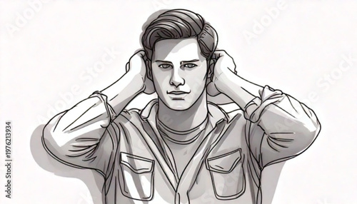 Young man covering ears with hands looking serious.