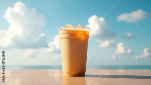 A drink sitting on a wooden table