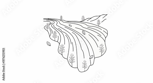 Stylized illustration of a cascading river flowing through a mountainous landscape