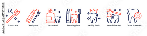 Oral Hygiene web banner icon vector illustration with icons of Toothbrush,Toothpaste,Mouthwash,Dental Hygiene,Healthy Teeth,Dental Cleaning and Dental Protection