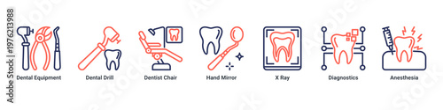 Dental Tools web banner icon vector illustration with icons of Dental Equipment,Dental Drill,Dentist Chair,Hand Mirror,X Ray,Diagnostics and Anesthesia
