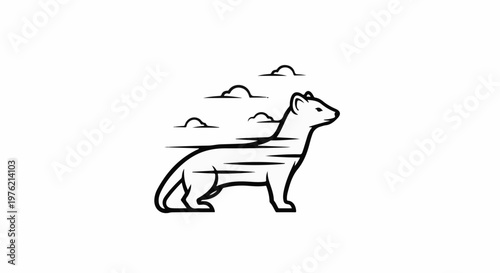 Stylized illustration of a fast-moving weasel in profile against a cloudy sky