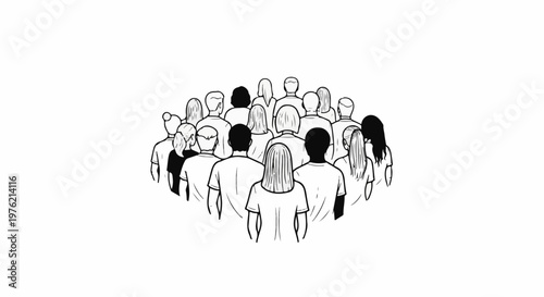 Stylized illustration of a diverse group of people facing away from the viewer