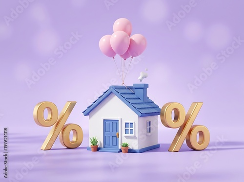 A white house with a blue roof and door and pink balloons tied to the chimney with two gold percent signs on either side  house with balloons and percent signs