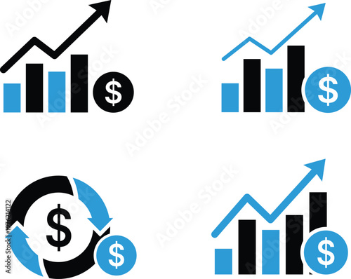 Four depicting financial growth and currency exchange dollar sign bar chart line graph