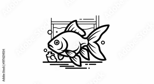 Stylized illustration of a goldfish in a bowl with plant and bubbles