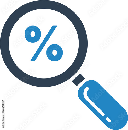 Magnifying glass over percentage symbol, representing financial analysis or discount search