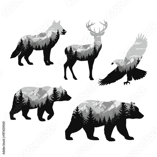Wild Wildlife Animal Silhouettes with Double Exposure Mountain Forest Landscape
