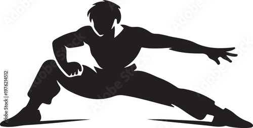 Martial Arts Silhouette of a Man in a Low Kung Fu or Karate Stance, Minimalist Vector Illustration