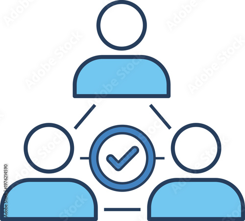 Teamwork concept with approved checkmark in center, blue and dark blue collaboration approval