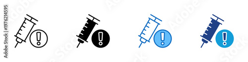 Medical Alert Multiple Style Icon Design Vector - Syringe with exclamation badge representing vaccination warning, medical precaution, and healthcare alert