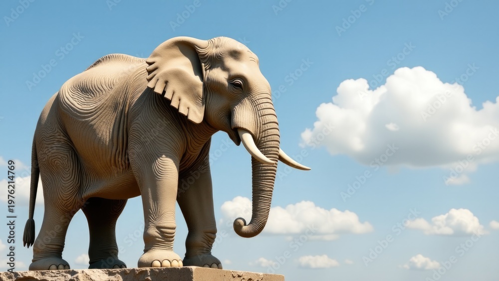 Fototapeta premium A majestic elephant statue stands tall atop a rocky outcropping, perfect for use in adventure or wildlife-themed designs