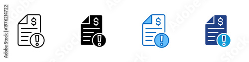 Invoice Warning Multiple Style Icon Design Vector - Document with dollar sign and alert badge representing financial issue notification, billing error, and payment risk