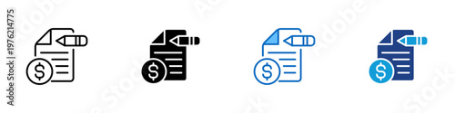 Invoice Editing Multiple Style Icon Design Vector - Document with pencil and dollar sign representing billing modification, financial editing, and invoice adjustment