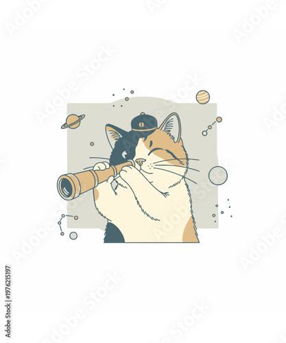 whimsical cat in hat with telescope stargazing flat design vector illustration