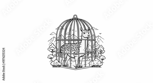 Spotted animal in cage with mountains, trees, and birds