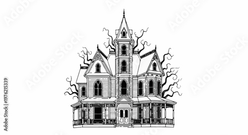 Spooky Victorian mansion with bare, gnarled trees, evoking a haunting atmosphere