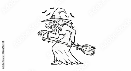 Spooky witch with pointed hat and broom flies through the night with bats