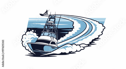 Sport fishing boat cruising through ocean waves, creating white foam