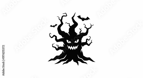 Spooky silhouette of a gnarled, monster-like tree with bats flying around