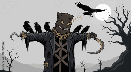 Spooky scarecrow with crows perched and flying under a full moon
