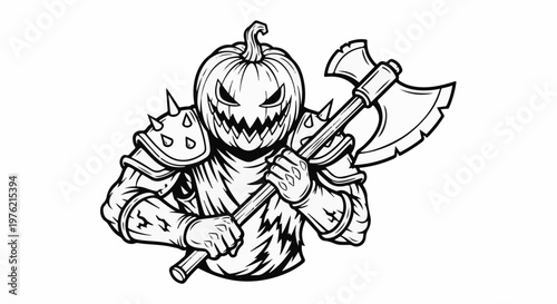 Spooky pumpkin warrior with a sharp axe in battle armor