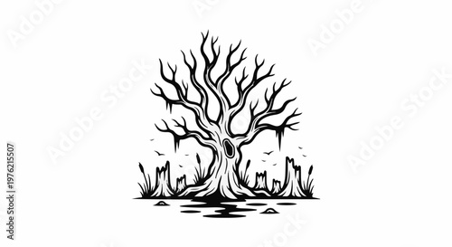 Spooky, gnarled, dead tree with a hollow center in a swampy area