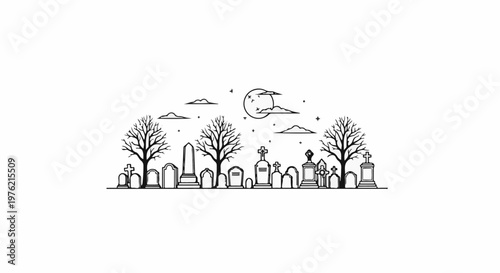 Spooky graveyard scene with bare trees, tombstones, and a moonlit sky