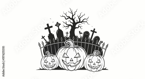 Spooky cemetery scene with jack-o'-lanterns and bare tree