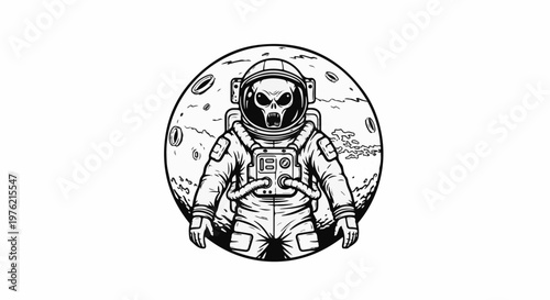 Spooky alien astronaut in front of a cratered moon, black and white drawing