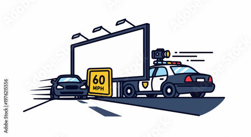 Speeding car approaches speed limit sign while police car with camera pursues