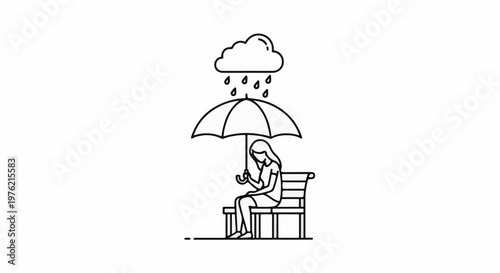 Solitary figure under an umbrella in the rain, sitting on a bench