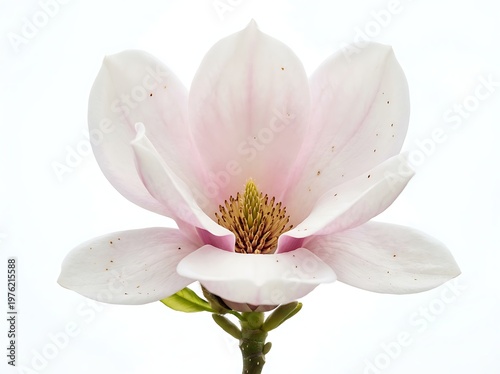 Beautiful pale pink magnolia flower with yellow stamens and green stem  blooming flower  floral