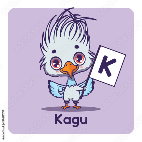 Cute kagu holding flag with letter K for fun educational purposes, illustrations