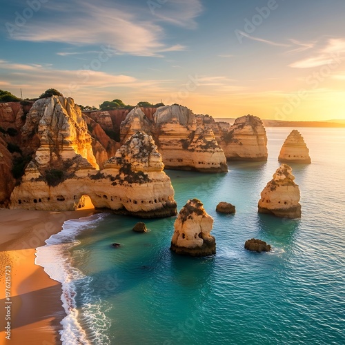 Stunning Sunrise over Praia da Marinha Beach with Golden Cliffs and Turquoise Waters.