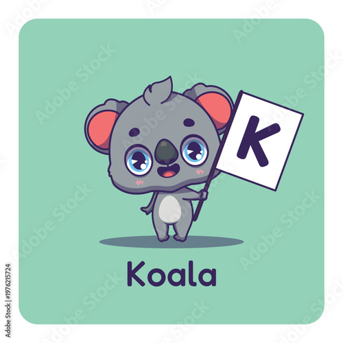 Cute koala holding flag with letter K for fun educational purposes, illustrations