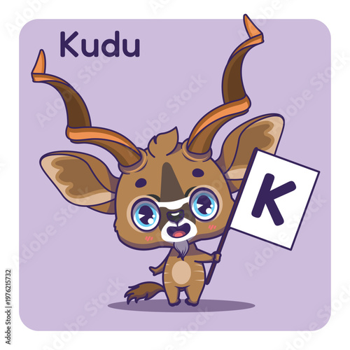 Cute Kudu holding flag with letter K for fun educational purposes, illustrations