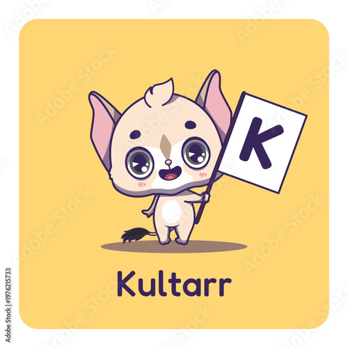 Cute Kultarr holding flag with letter K for fun educational purposes, illustrations