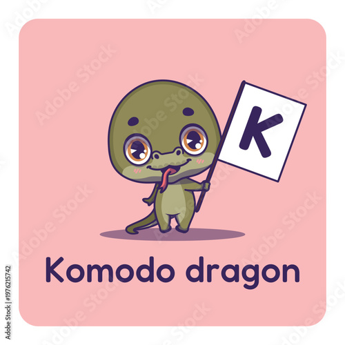 Cute Komodo dragon holding flag with letter K for fun educational purposes, illustrations