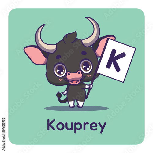 Cute kouprey holding flag with letter K for fun educational purposes, illustrations