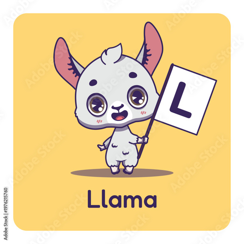 Cute llama holding flag with letter L for fun educational purposes, illustrations