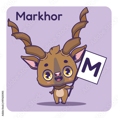Cute markhor holding flag with letter M for fun educational purposes, illustrations
