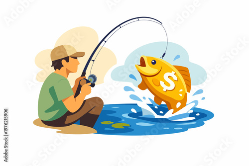 Foto Businessman catching golden fish with dollar sign symbol vector