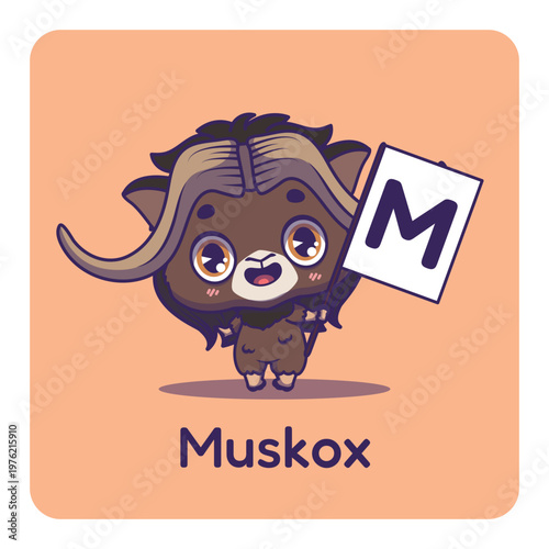 Cute muskox holding flag with letter M for fun educational purposes, illustrations