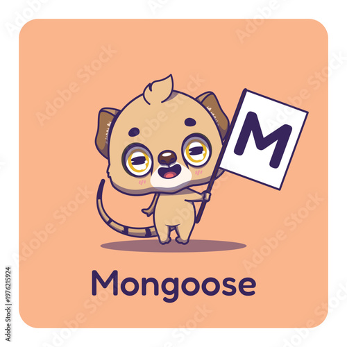 Cute mongoose holding flag with letter M for fun educational purposes, illustration