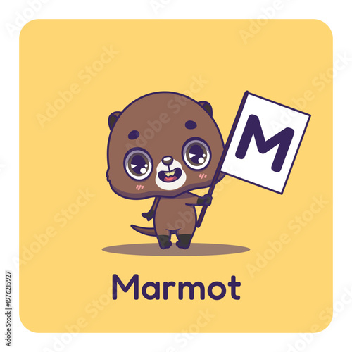 Cute marmot holding flag with letter M for fun educational purposes, illustrations